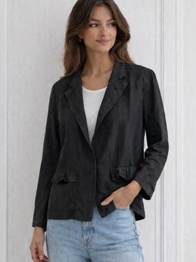 DKNY Black Silk Linen Blazer Lightweight Minimalist Jacket Size XL 14